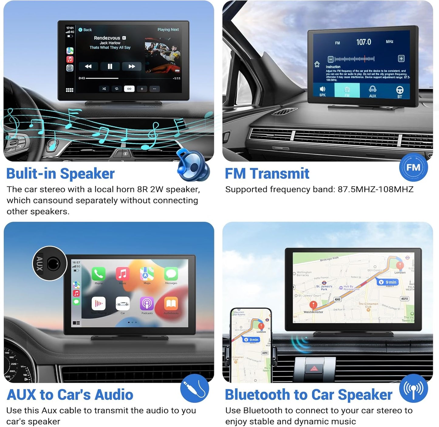 HAUXIY wireless Apple CarPlay & Android Auto screen with 4K dash cam and 1080p backup camera
HAUXIY 4K front dash camera recording with wide-angle view for safer driving
HAUXIY waterproof 1080p backup camera with parking monitor for reversing safely
HAUXIY CarPlay screen with Siri and Google Assistant voice control for hands-free navigation
HAUXIY portable Apple CarPlay and Android Auto screen showing real-time GPS maps
HAUXIY 9-inch touch screen wireless car stereo with Bluetooth, FM radio, and mirror link