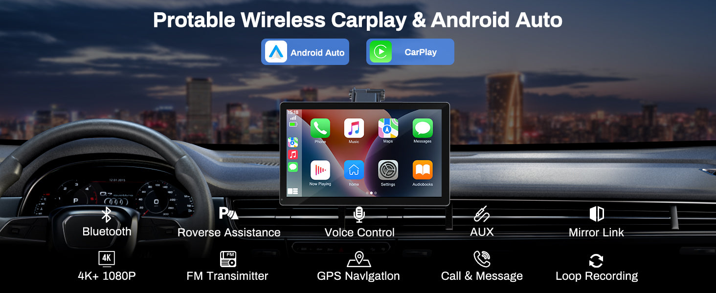 HAUXIY wireless Apple CarPlay & Android Auto screen with 4K dash cam and 1080p backup camera
HAUXIY 4K front dash camera recording with wide-angle view for safer driving
HAUXIY waterproof 1080p backup camera with parking monitor for reversing safely
HAUXIY CarPlay screen with Siri and Google Assistant voice control for hands-free navigation
HAUXIY portable Apple CarPlay and Android Auto screen showing real-time GPS maps
HAUXIY 9-inch touch screen wireless car stereo with Bluetooth, FM radio, and mirror link